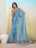 Skyblue Organza Zari Woven Printed Saree With Hand-Sequence Embellishment Saree With Blouse Piece