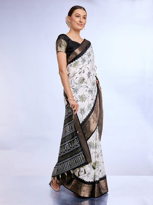 White & Black Dola Silk Saree With Blouse Piece