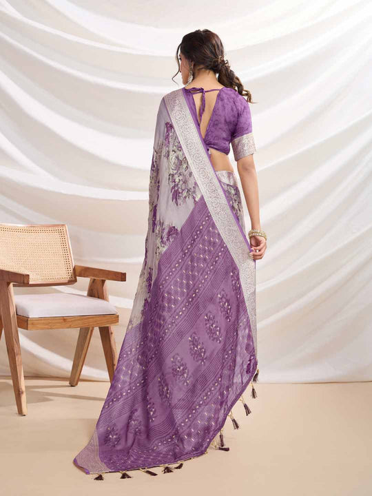 Lavendar Silk Chiffon Viscose Border Floral Printed Saree Saree With Blouse Piece