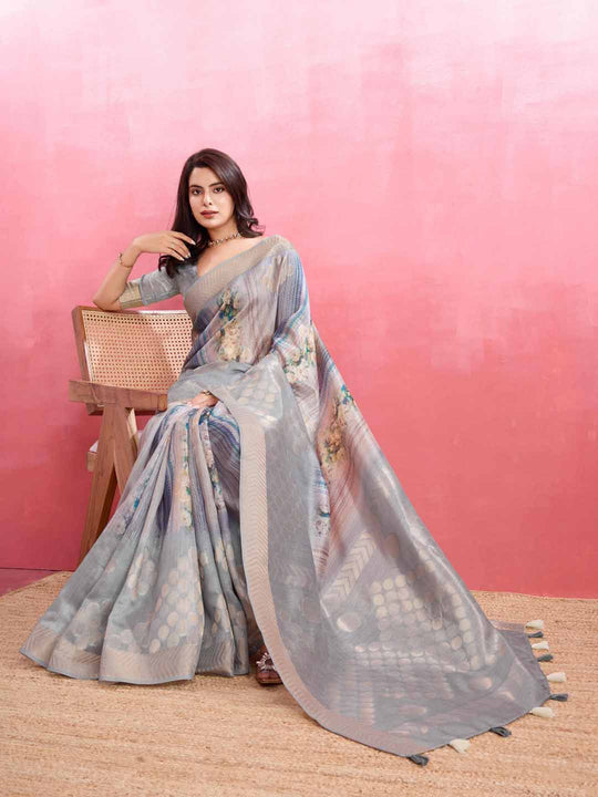 Grey Cotton Banarasi Woven Rich Pallu Printed Saree With Blouse Piece