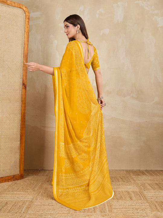 Pure Chiffon Bandhani Printed Saree With Viscose Woven Border And Blouse Piece