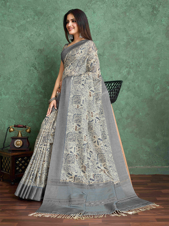 Cream Pure Handloom Tussar Woven Pallu Ajrakh Printed With Blouse Piece