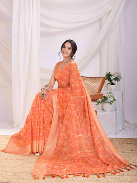 Orange Pure Chiffon Viscose Border Block Printed Saree With Blouse Piece