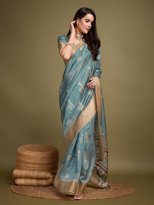 Turquoise Blue Silk Blend Saree With Blouse Piece