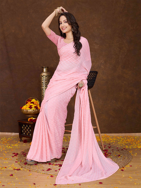 Peach Crepe Georgette Gold Foil Embellished Printed Saree With Blouse Piece