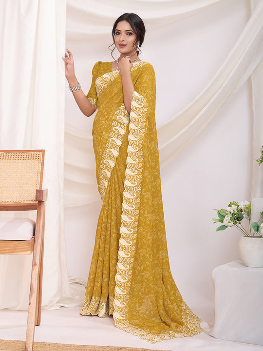 Yellow Poly Georgette Festive Wear Saree With Blouse Piece