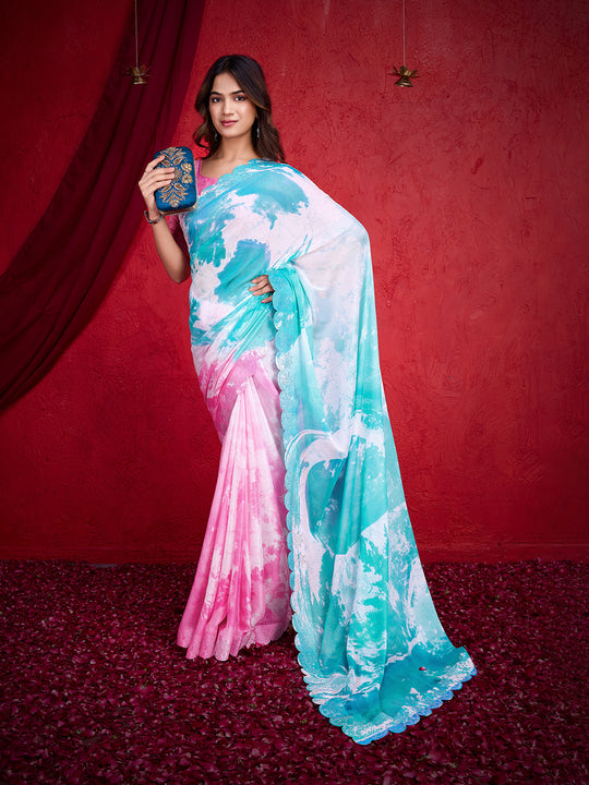 Light Pink Poly Chiffon Saree With Blouse Piece
