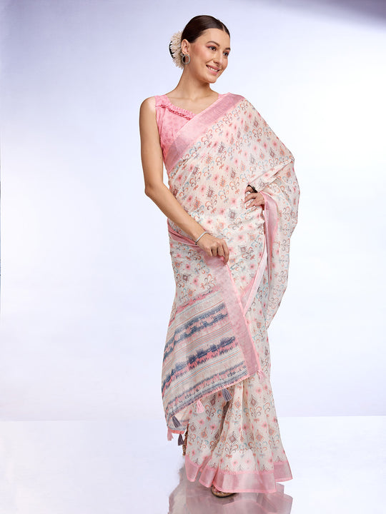 White Linen Blend Saree With Blouse Piece