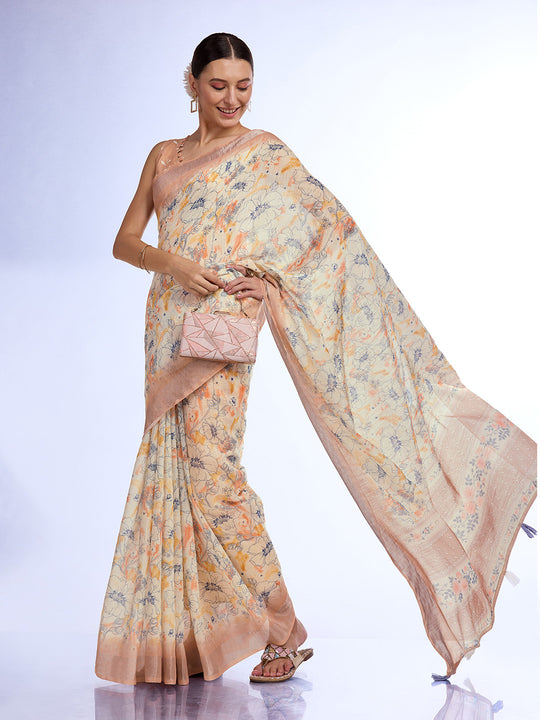Beige  Linen Blend Saree With Blouse Piece