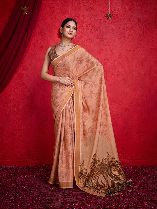 Peach Poly Silk Festival Saree With Blouse Piece