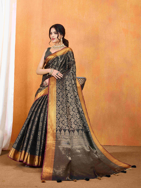 Black Ikkat Woven Kajeevaram Silk Rich Pallu With Blouse Piece