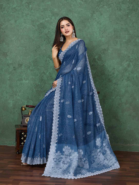 Indigoblue Cotton Banarasi Printed Saree With Thread Embroidery Scalloping  Saree With Blouse Piece