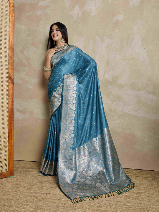 Blue Pure Satin Banarasi Saree With Tassels Saree With Blouse Piece