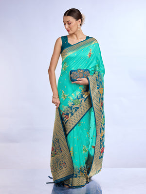 Teal Pure Silk Saree With Blouse Piece