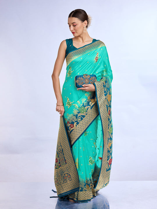 Teal Pure Silk Saree With Blouse Piece