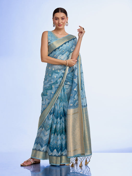 Blue Cotton Blend Saree With Blouse Piece