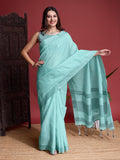 Turquoise Linen Blend Saree With Blouse Piece