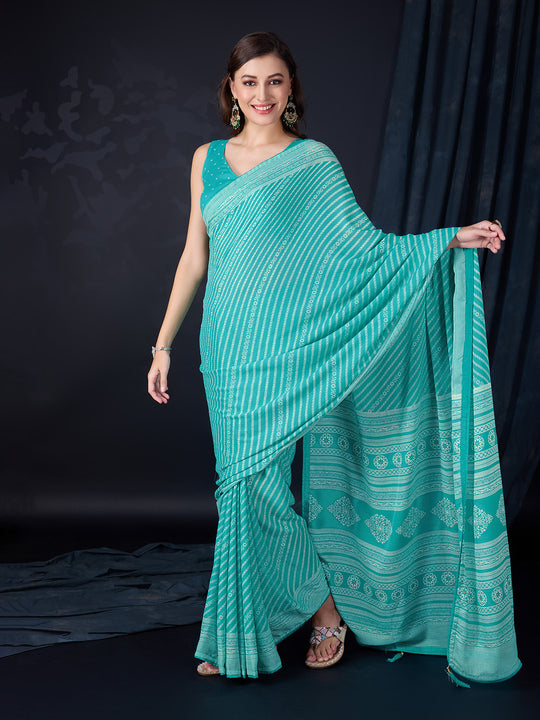 Teal Poly Georgette Saree With Blouse Piece