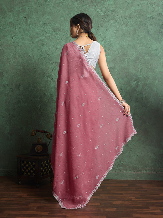 Pure Georgette Solid Embroidered Saree With Scalloping And Fancy Blouse