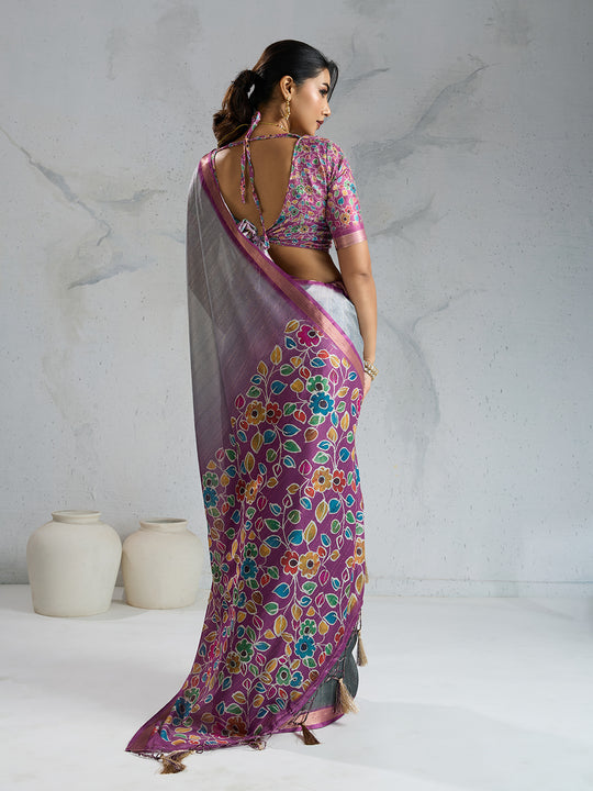 Pure Chiffon Digital Printed Woven Saree With Woven Border And Fancy Tassels