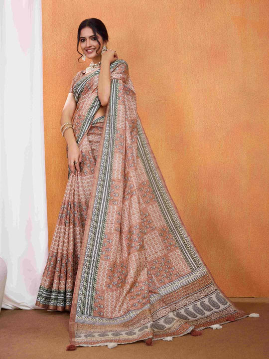 Brown Pure Tussar Silk Ajrakh Block Printed With Blouse Piece