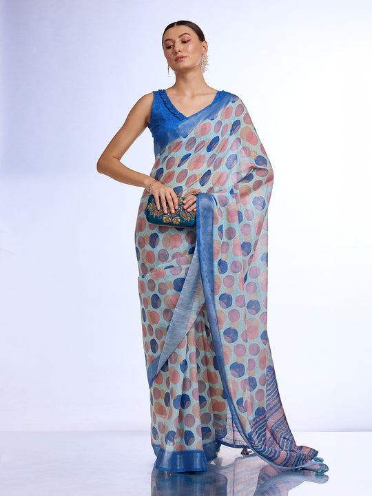 Blue Linen Blend Saree With Blouse Piece
