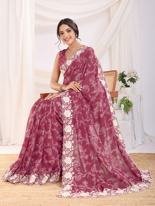 Magenta Poly Georgette Festive Wear Saree With Blouse Piece