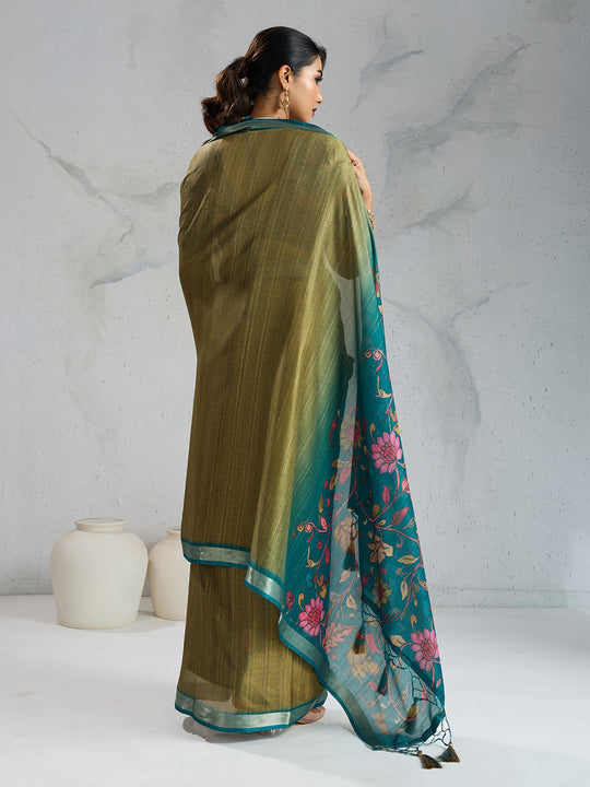 Pure Chiffon Digital Printed Woven Saree With Woven Border And Fancy Tassels