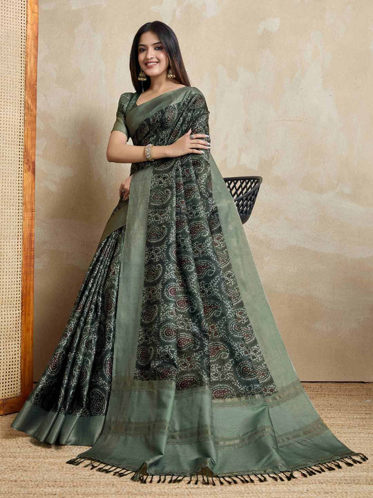 Olivegreen Pure Handloom Tussar Woven Pallu Ajrakh Printed With Blouse Piece