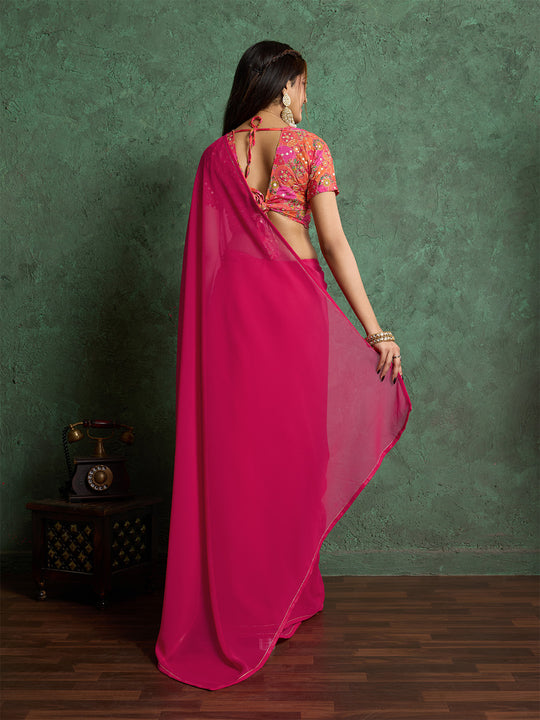 Poly Chiffon Dyed Saree With Heavy Embroidered Blouse Piece