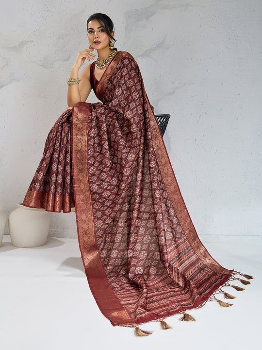 Poly Silk Woven Floral Digital Printed Saree With Woven Jacquard Border And Fancy Tassels