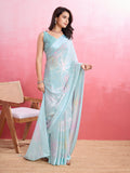 Sky Blue Silk Georgette Festive Wear Saree With Blouse Piece