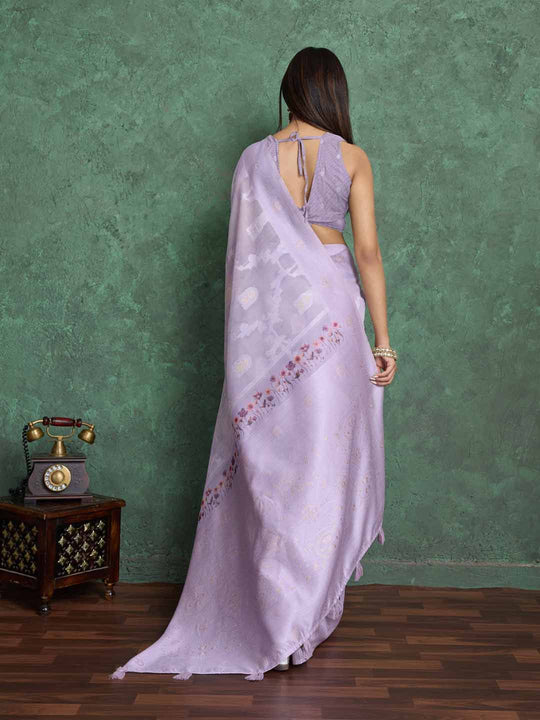 Lavendar Pure Cotton Lucknowi Woven Printed Saree With Tassels Saree With Blouse Piece