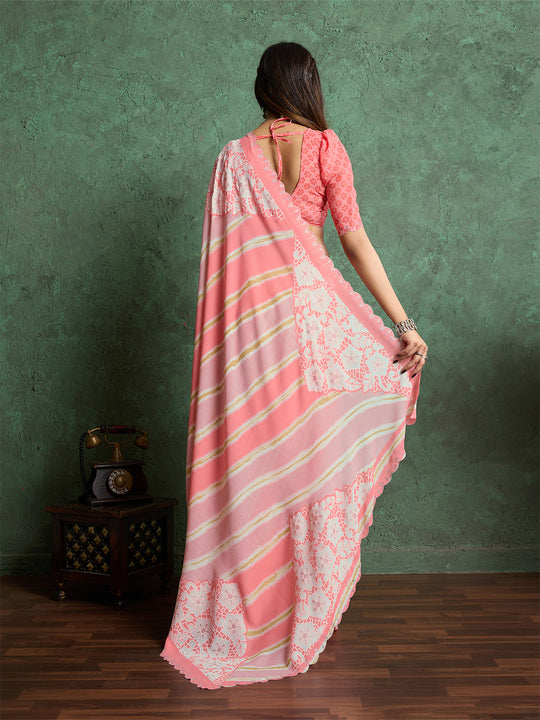 Poly Chiffon Leheriya Printed Saree With A Floral Touch And Swaroski Work With Scalloping