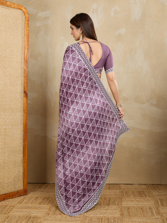 Poly Georgette Geometric Printed Saree With Embroidered Border And Blouse Piece