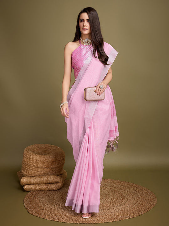 Pink Linen Blend Daily Wear Saree With Blouse Piece