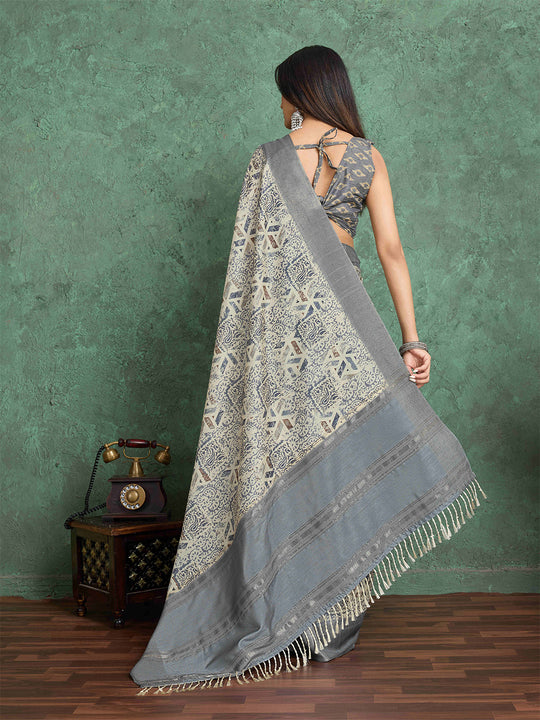 Cream Pure Handloom Tussar Woven Pallu Ajrakh Printed With Blouse Piece