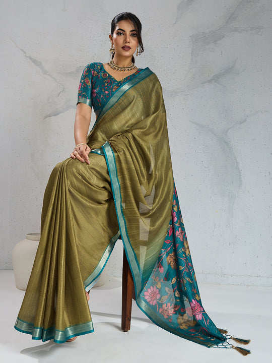 Pure Chiffon Digital Printed Woven Saree With Woven Border And Fancy Tassels