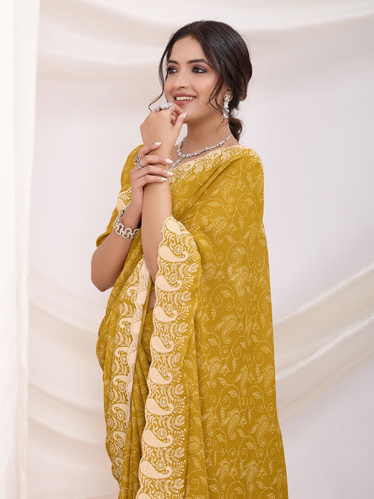 Yellow Poly Georgette Festive Wear Saree With Blouse Piece