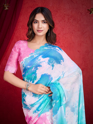 Light Pink Poly Chiffon Saree With Blouse Piece