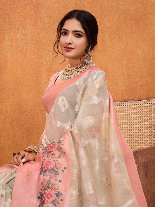 Rose Pink Pure Cotton Lucknowi Woven Banarasi Saree With Ombre Floral Prints