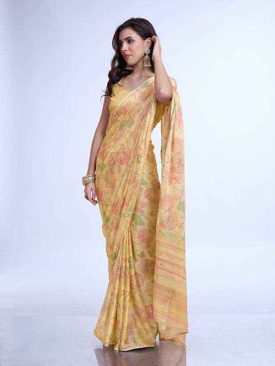 Light Yellow  Poly Chiffon Festive Wear Saree With Blouse Piecde