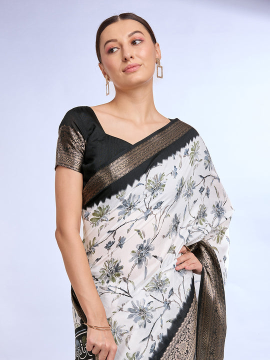 White & Black Dola Silk Saree With Blouse Piece