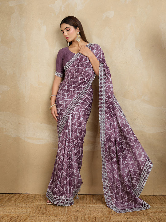 Poly Georgette Geometric Printed Saree With Embroidered Border And Blouse Piece