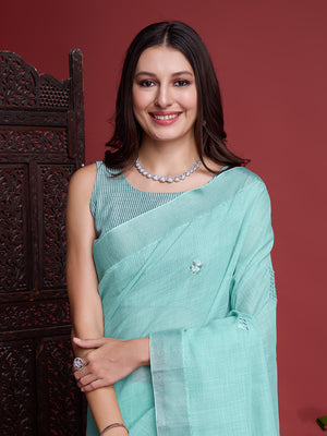 Turquoise Linen Blend Saree With Blouse Piece