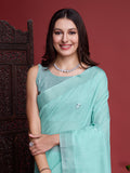 Turquoise Linen Blend Saree With Blouse Piece