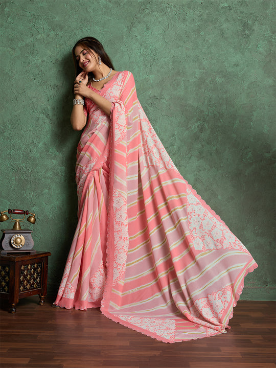 Poly Chiffon Leheriya Printed Saree With A Floral Touch And Swaroski Work With Scalloping