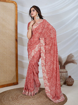 Poly Georgette Geometric Print Saree With Embroidery And Scaloping Work With Unstitched Blouse Piece