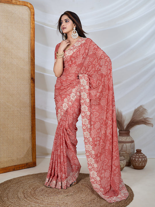 Poly Georgette Geometric Print Saree With Embroidery And Scaloping Work With Unstitched Blouse Piece