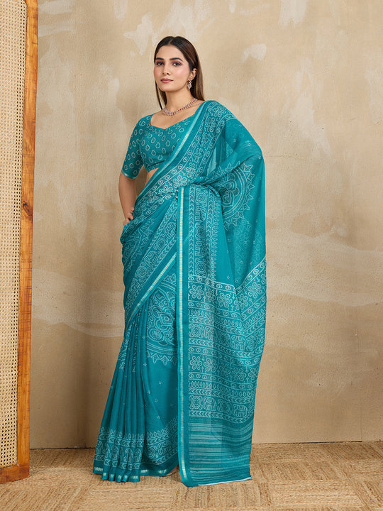 Pure Chiffon Bandhani Printed Saree With Viscose Woven Border And Blouse Piece